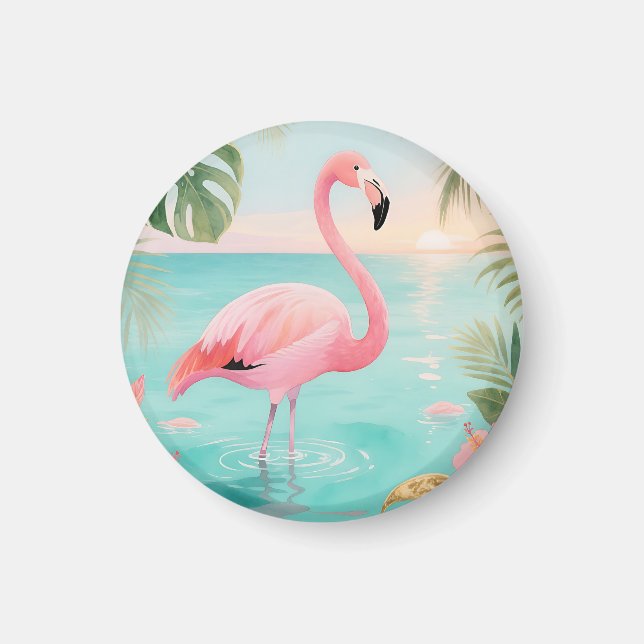 Flamingo Tropisk Solnedgång Akvarell Magnet (Framsidan)