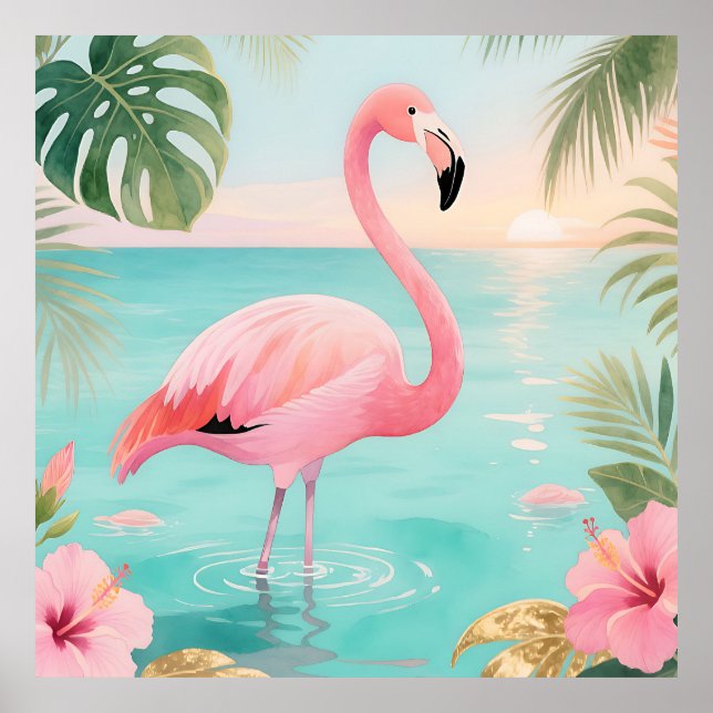 Flamingo Tropisk Solnedgång Akvarell Poster (Framsidan)