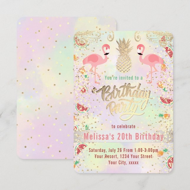 flamingo Tropisk sommarfödelsedag Inbjudningar (Fram/baksida)