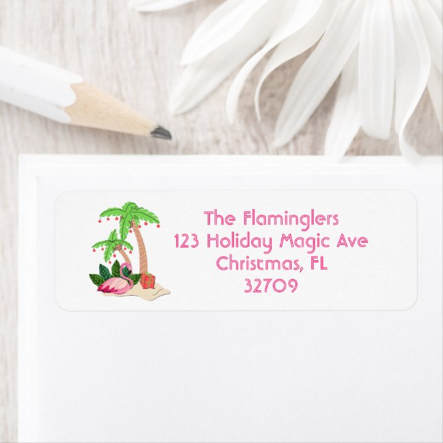 Flamingo Tropisk Strand Palmtree Jul Returadress Etikett (Insitu)