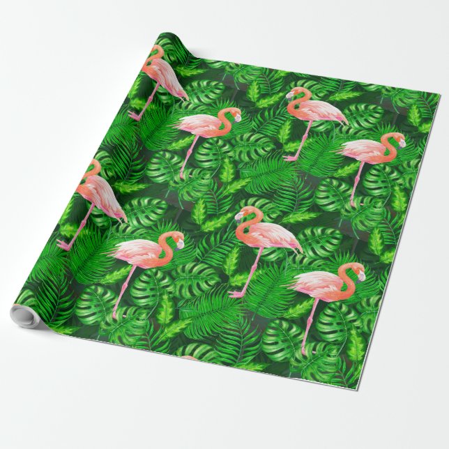 Flamingo tropisk vattenfärg presentpapper (Utrullad)
