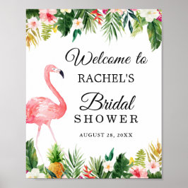 Flamingo Tropiska Blad Blommig Bröllopsduschskylt Poster