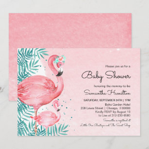 Flamingo & Tropiska blad Vattenfärg Baby Shower Inbjudningar
