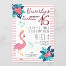 Flamingo tropiska rosor och blå blommigt 16:e inbjudningar