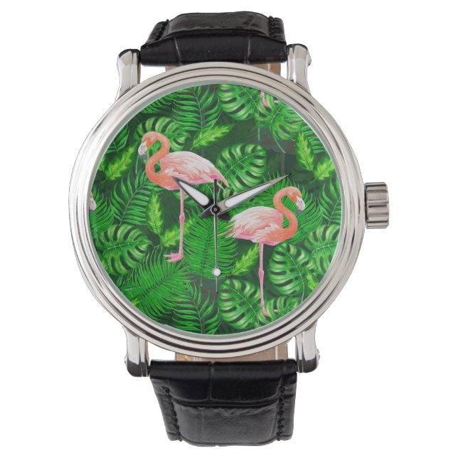 Flamingo tropiska vattenfärger armbandsur (Framsida)