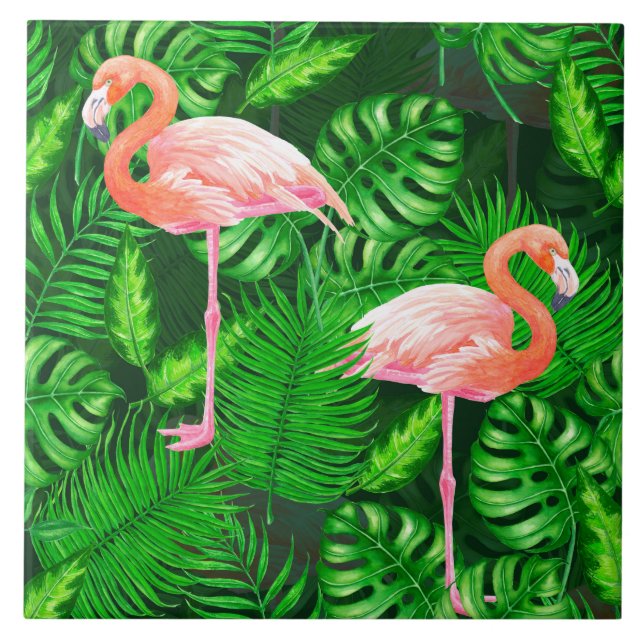 Flamingo tropiska vattenfärger kakelplatta (Framsidan)