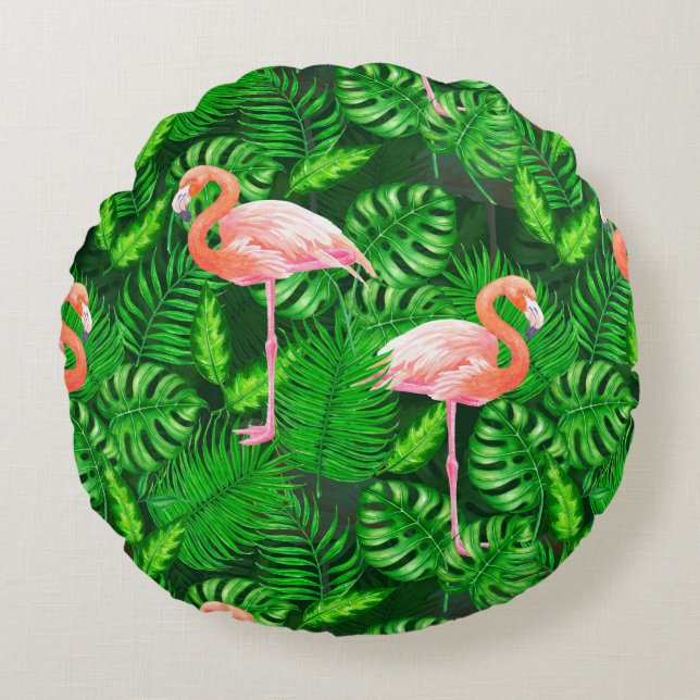 Flamingo tropiska vattenfärger rund kudde (Framsidan)
