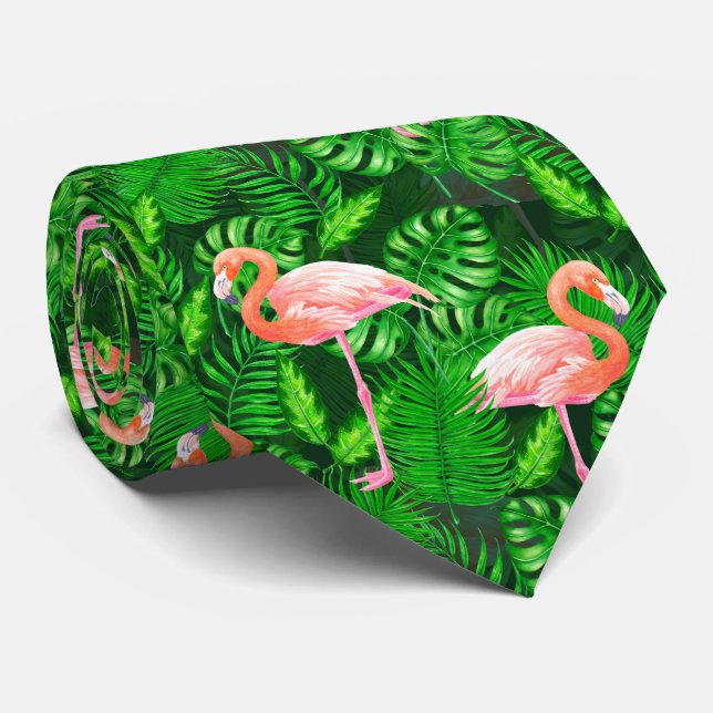 Flamingo tropiska vattenfärger slips (Rullad)