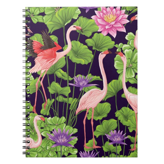 Flamingo, tropiska växter, svart bakgrund. anteckningsbok (Framsidan)