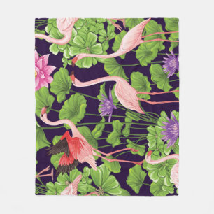Flamingo, tropiska växter, svart bakgrund. fleecefilt