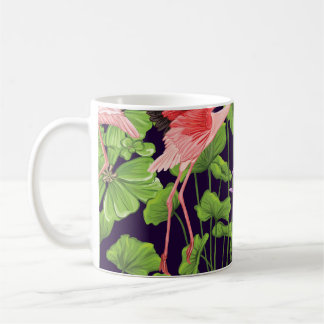 Flamingo, tropiska växter, svart bakgrund. kaffemugg