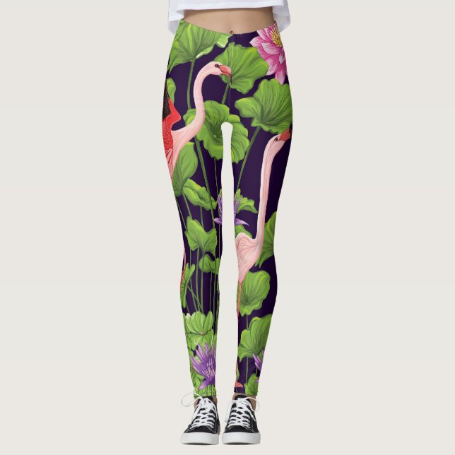 Flamingo, tropiska växter, svart bakgrund. leggings (Framsida)