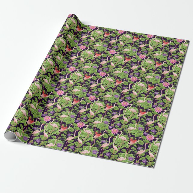Flamingo, tropiska växter, svart bakgrund. presentpapper (Utrullad)