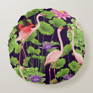 Flamingo, tropiska växter, svart bakgrund. rund kudde