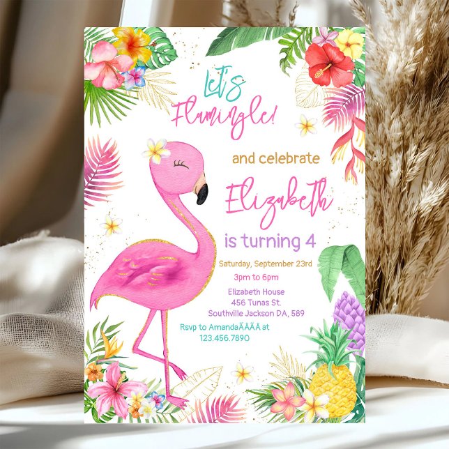 Flamingo Tropiskt Tema Födelsedagsinbjudan Inbjudningar (Skapare uppladdad)