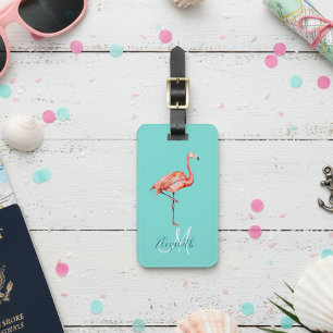 Flamingo Turkos Trendig sommarmonogram Resväska Bagagebricka