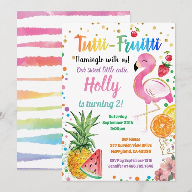 Flamingo Tutti Fruitti Flickan 2:a födelsedagen Pa Inbjudningar (Fram/baksida)