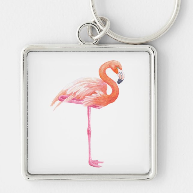Flamingo, vattenfärg fyrkantig silverfärgad nyckelring (Framsidan)