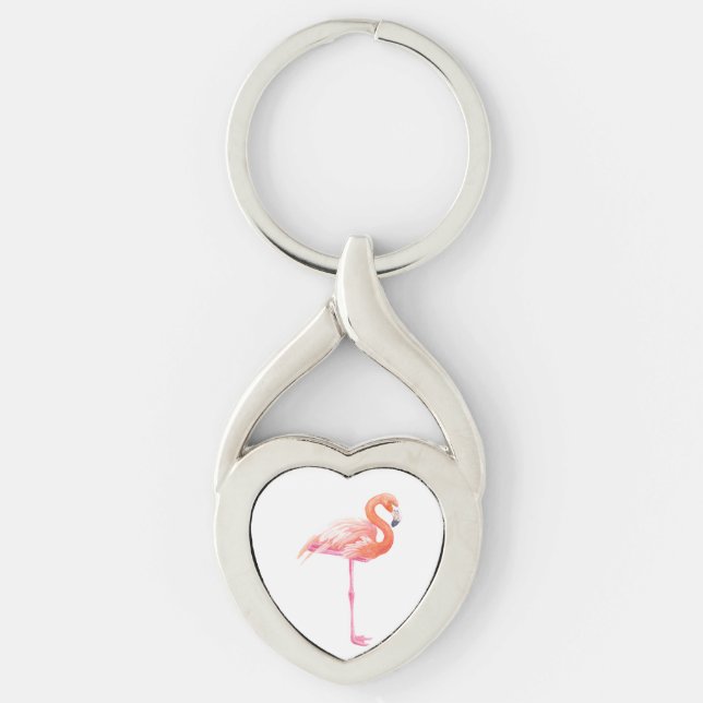 Flamingo, vattenfärg twisted heart silverfärgad nyckelring (Framsidan)