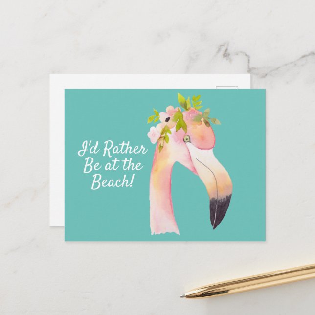 Flamingo vattenfärg - vid vykortet vid stranden vykort (Fram/Back In Situ)