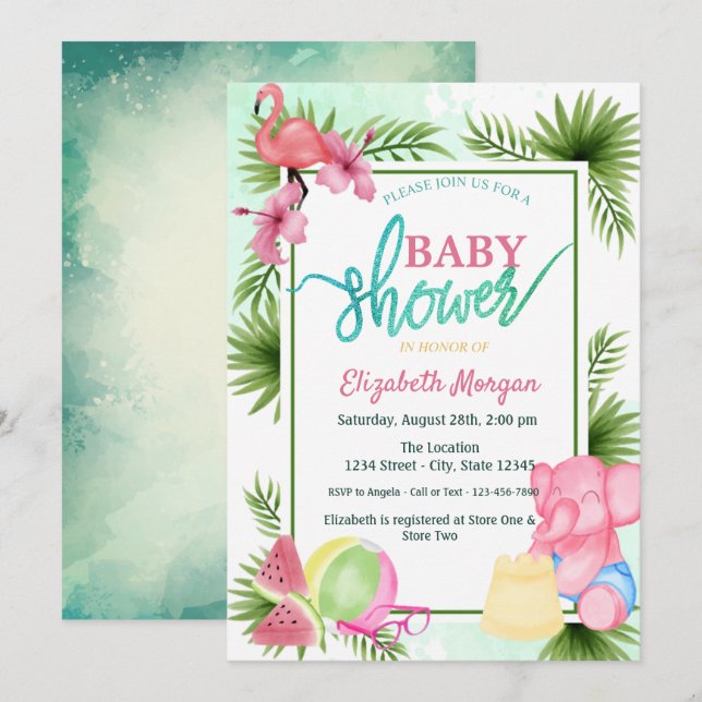 Flamingo,Vattenmelon,Babyshower för Elefant Palmla Inbjudningar (Fram/baksida)