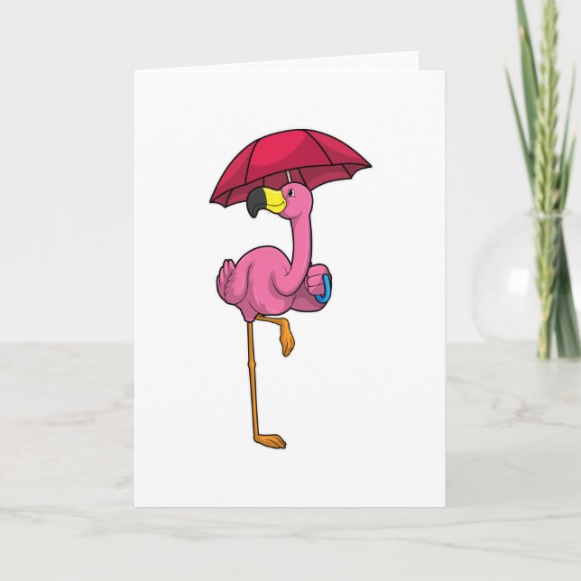 Flamingo vid regn med paraply kort (Framsida)