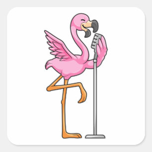 Flamingo vid singel med mikrofon fyrkantigt klistermärke