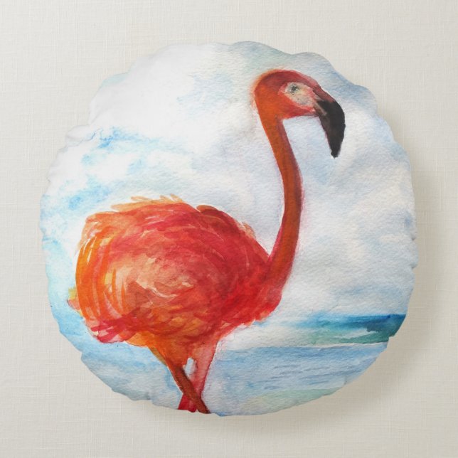 Flamingo Watercolor Art Round Dekorativ kudde (Framsidan)