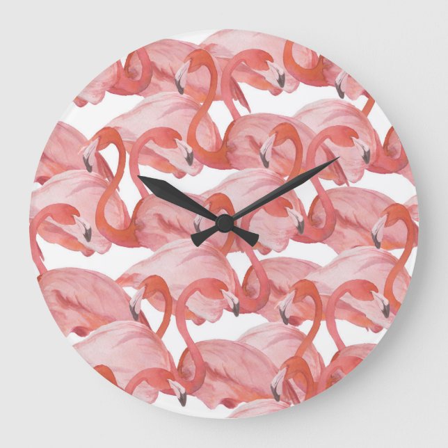 Flamingo Watercolor: Sömlös Mönster Stor Klocka (Framsida)