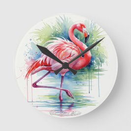 Flamingo Watercolor Wall Clock Rund Klocka