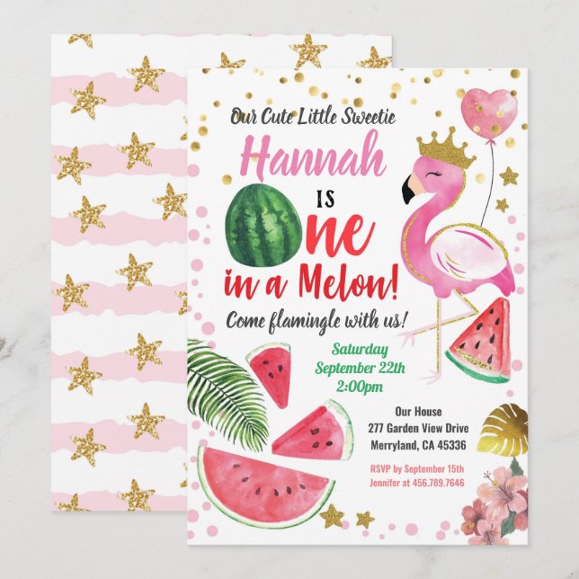 Flamingo Watermelon Girl Födelsedagsfest Inbjudningar (Fram/baksida)