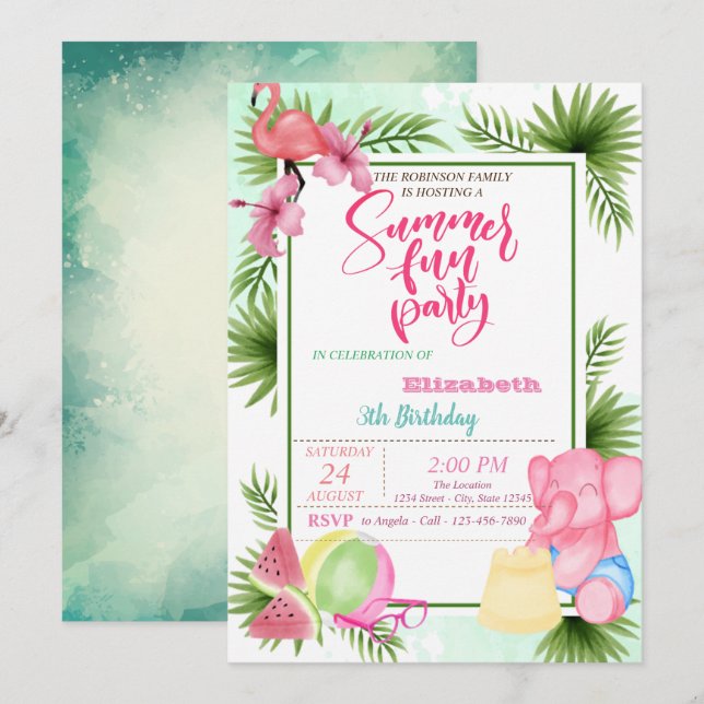 Flamingo,Watermelon Handflatan Löv, sommarfödelsed Inbjudningar (Fram/baksida)
