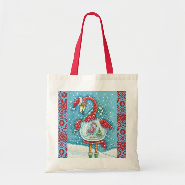 FLAMINGO WHITE CHRISTMAS SNOWGLOBE BUDGET TOTE BAG TYGKASSE (Framsidan)