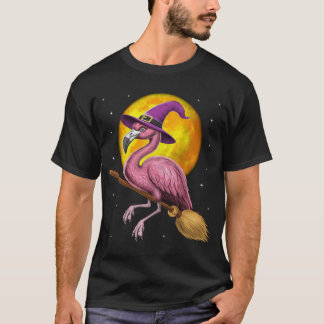 Flamingo Witch Riding Broom T Shirt
