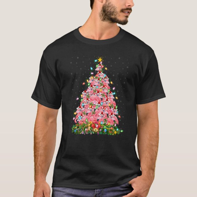 Flamingo  Xmas Lights Santa Flamingo Christmas Tre T Shirt (Framsida)