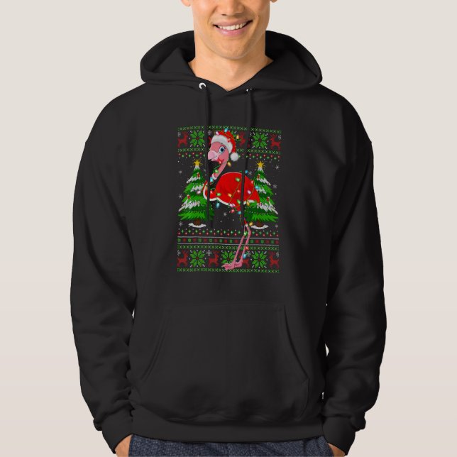 Flamingo  Xmas Lights Ugly Santa Flamingo Christma Hoodie (Framsida)