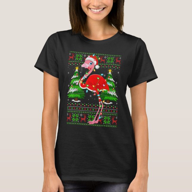 Flamingo  Xmas Lights Ugly Santa Flamingo Christma T Shirt (Framsida)