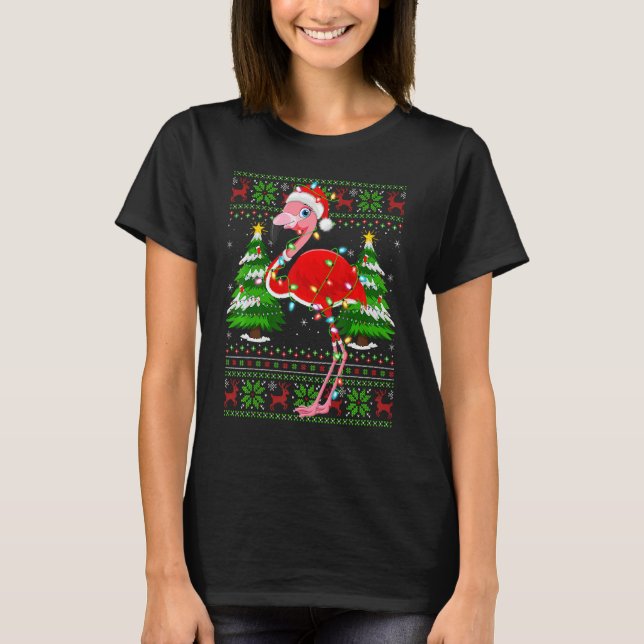Flamingo  Xmas Lights Ugly Santa Flamingo Christma T Shirt (Framsida)