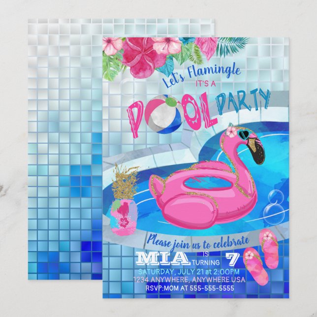 Flamingobassängparty, tropisk födelsedag   rosa inbjudningar (Fram/baksida)