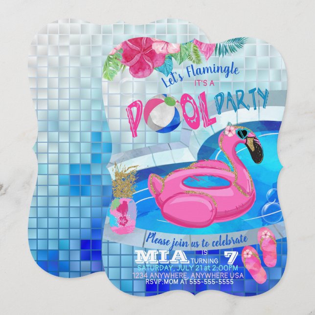 Flamingobassängparty, tropisk födelsedaginbjudan inbjudningar (Fram/baksida)