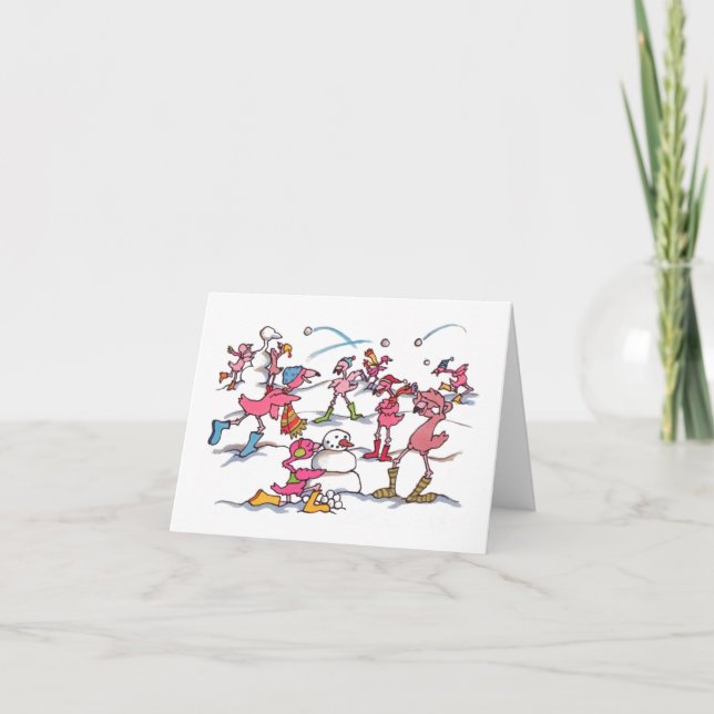 Flamingoen kastar snöboll slagsmålhelgdag Notecard Helgkort (Framsida)
