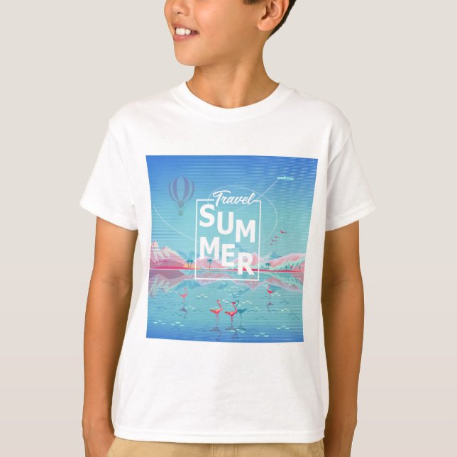 Flamingoen magi reser, den tropiska havsstranden, t shirt (Framsida)