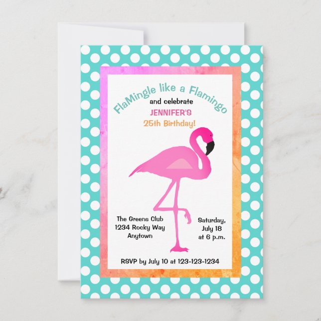 Flamingoen och polkaen pricker partyinbjudan inbjudningar (Framsida)