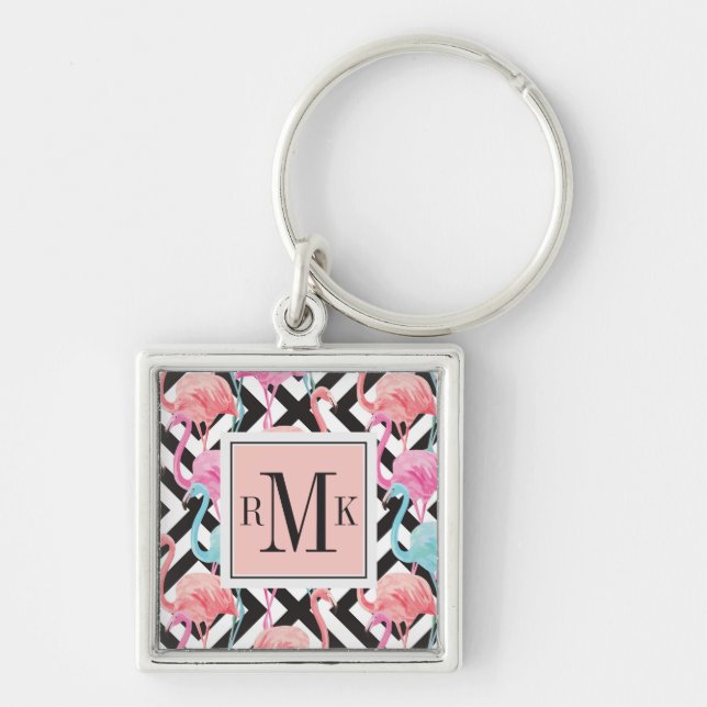 Flamingoes på djärvt designmönster fyrkantig silverfärgad nyckelring (Framsidan)