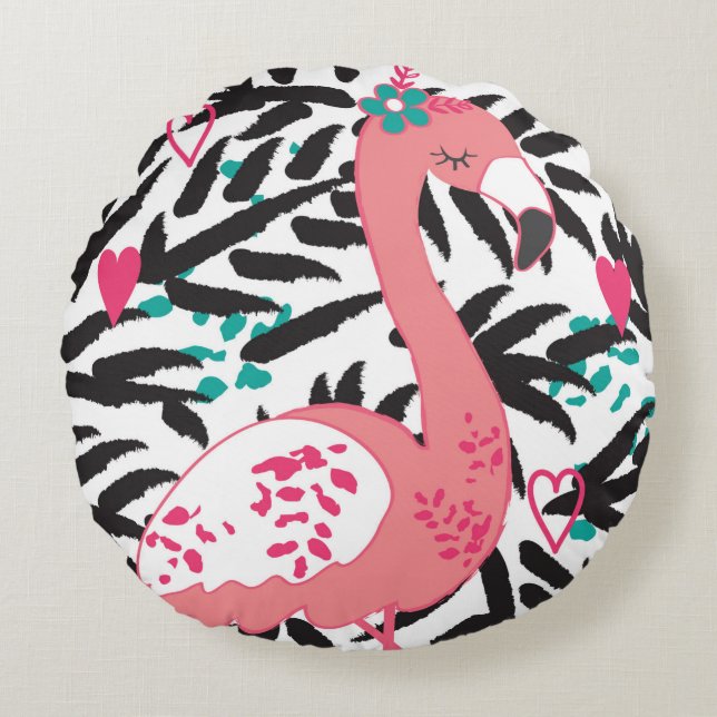Flamingoexotisk vintage rund kudde (Framsidan)