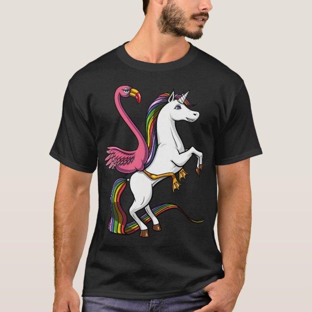 Flamingofågel ridande enhörning t shirt (Framsida)