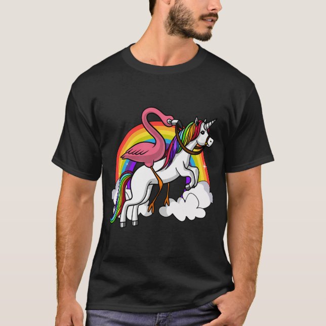 Flamingofågel ridande enhörning t shirt (Framsida)