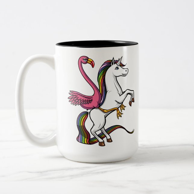 Flamingofågel som rider Magical Unicorn Två-Tonad Mugg (Vänster)