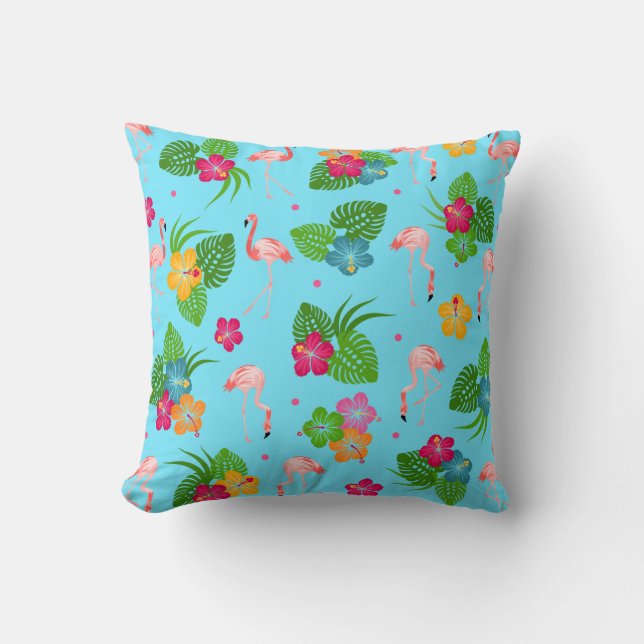 Flamingofåglar med hibiskusblommor kudde (Framsida)