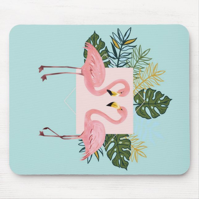Flamingofåglar med Löv | Flamingo Handflatan Löv Musmatta (Framsidan)